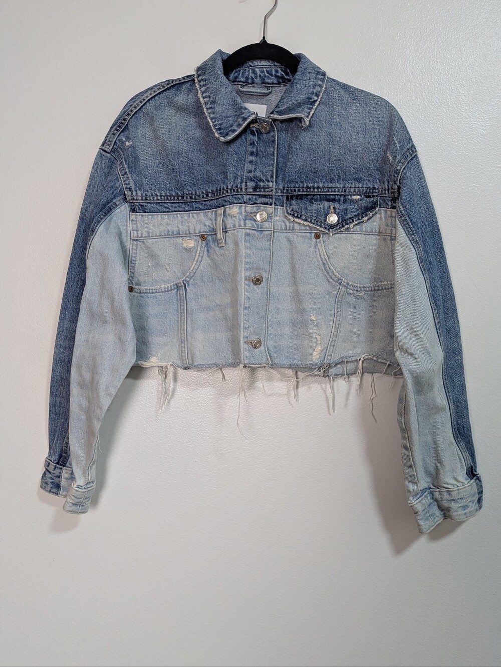Zara Two-Tone Colorblock Raw Hem Cropped Denim Jacket Size Medium